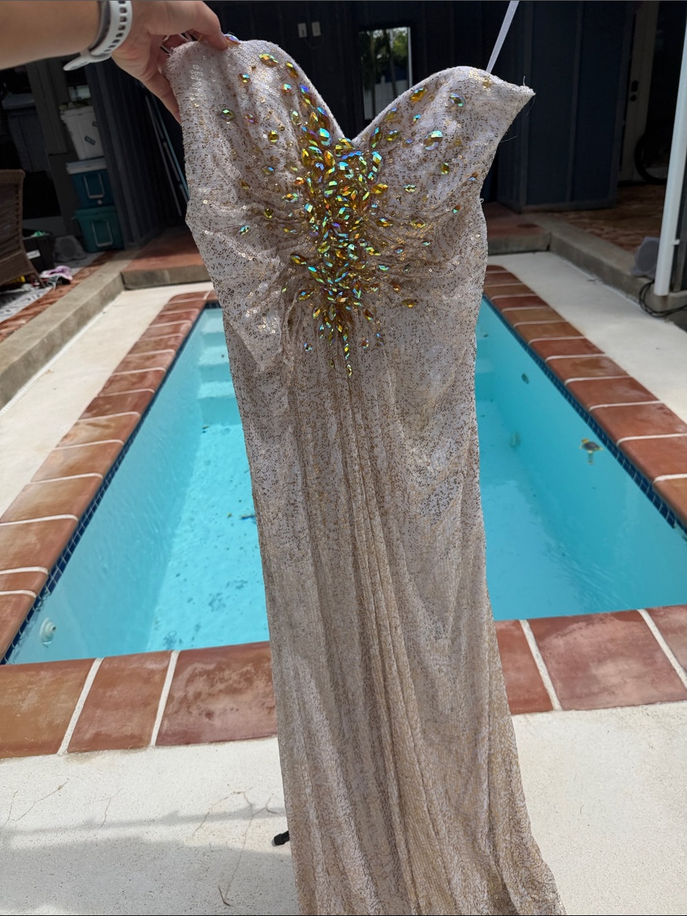 La Femme Strapless Gold Sequin Evening Gown with Iridescent Gem Accents